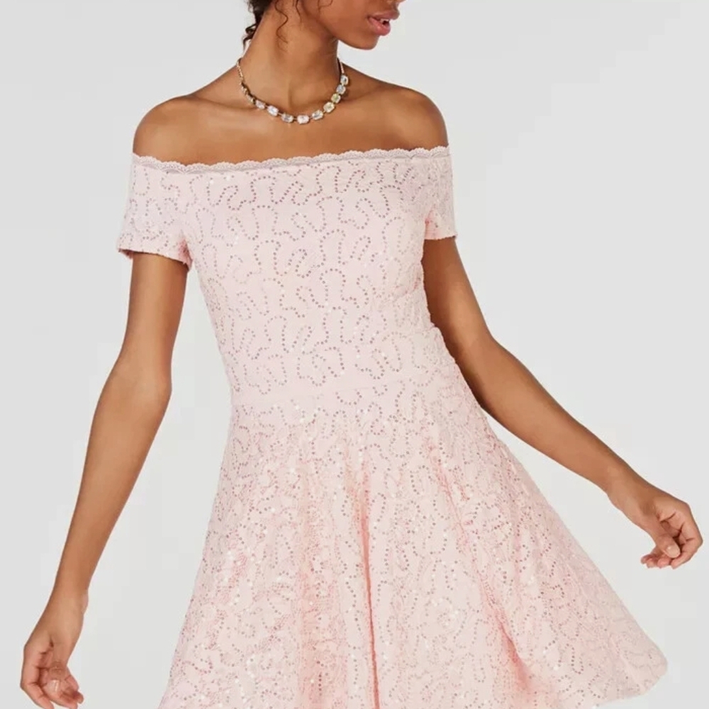 NWOT B Darlin  Blush Pink Off-Shoulder  Dress Sequin And Lace